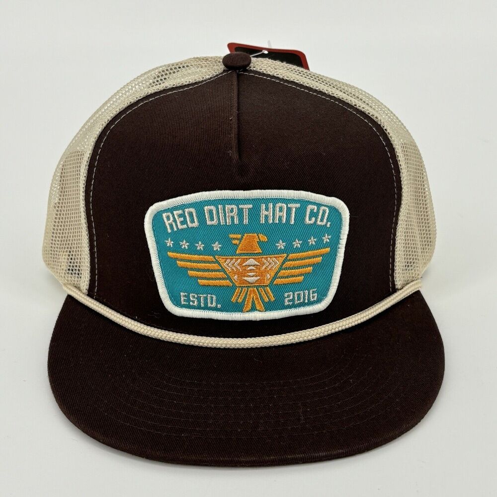 Red Dirt Hat Co Brown  & Cream 5 Panel SnapBack Hat + Yellow Thunderbird Patch